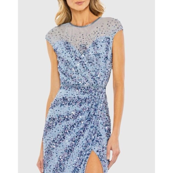 Mac Duggal Size 14 Blue 5619 Sequins  Beaded Illusion Neck Formal Gown 5619 Prom - Picture 3 of 16